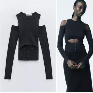 Zara Charcoal Ribbed Knit Sweater With Cutout Size Small NWT